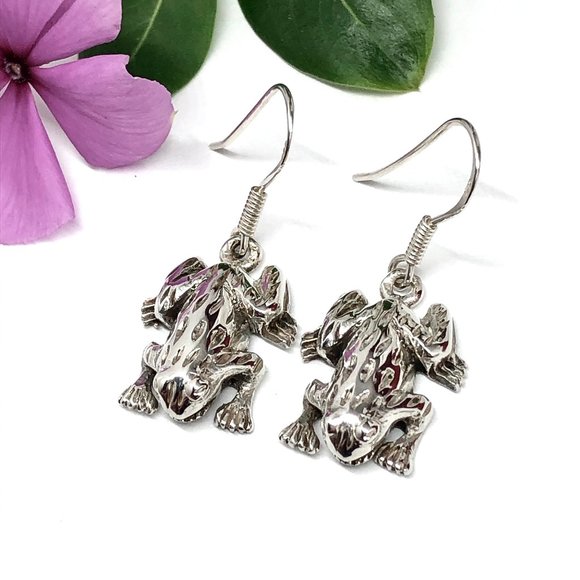 Earrings | Sterling Silver Unique Frog Charm Dangle Earrings | Jewelry - Picture 4 of 5